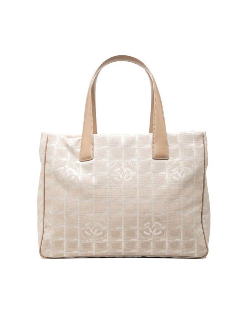 Chanel CC Logo New Travel Line Tote MM Beige Nylon Leather